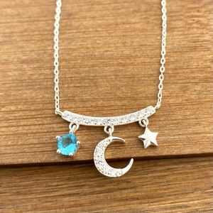 925 Sterling Silver Moon Star  Necklace Blue  CZ  Luna Estrella Plata 925 Solida